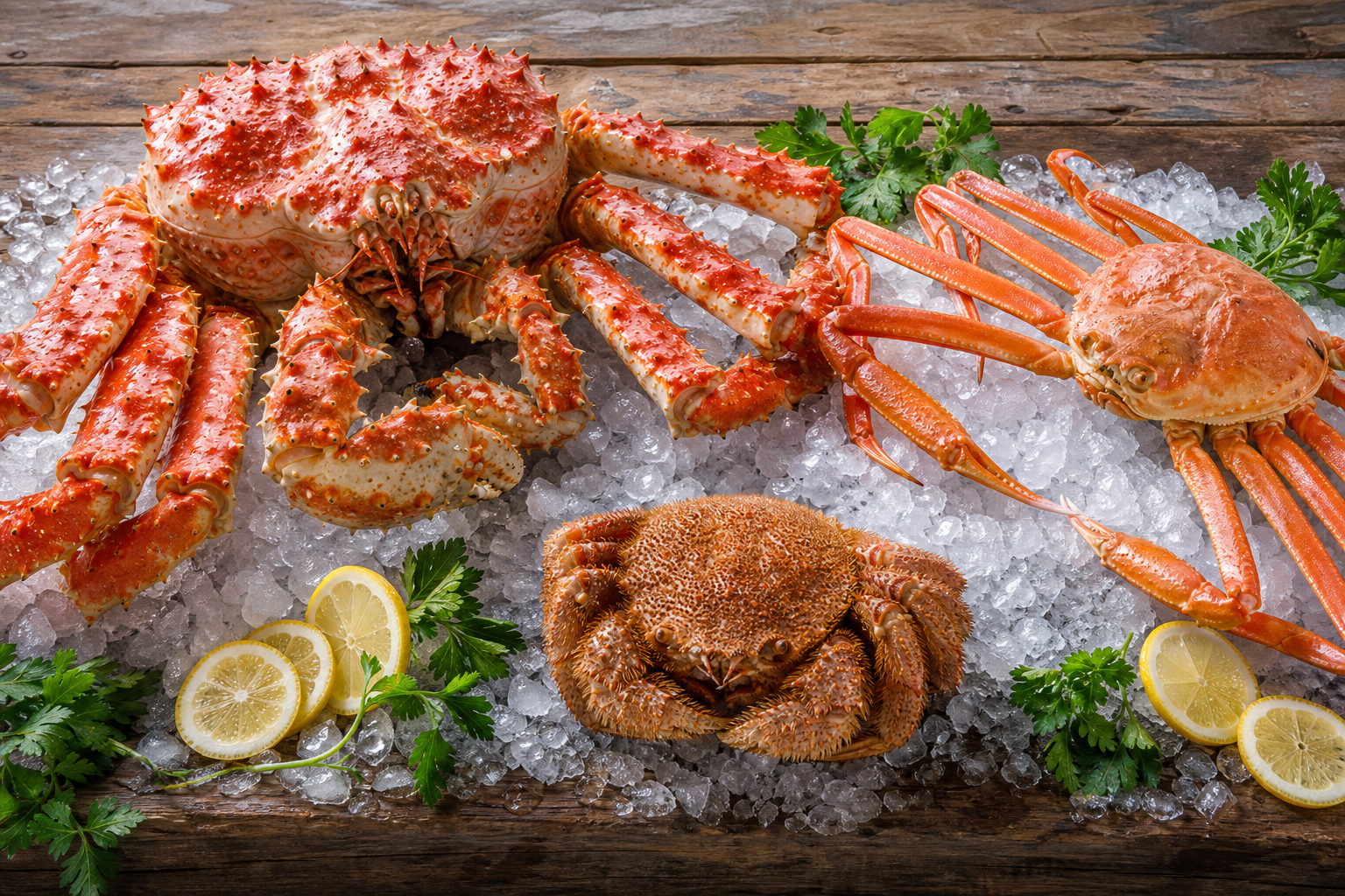 A high-quality comparison shot of three distinct types of crabs arranged on a bed of ice on a rustic