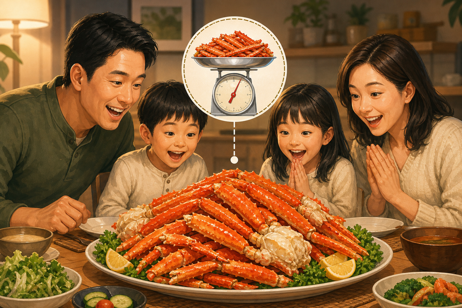 A warm and inviting illustration of a happy family of four sitting around a dinner table, looking de
