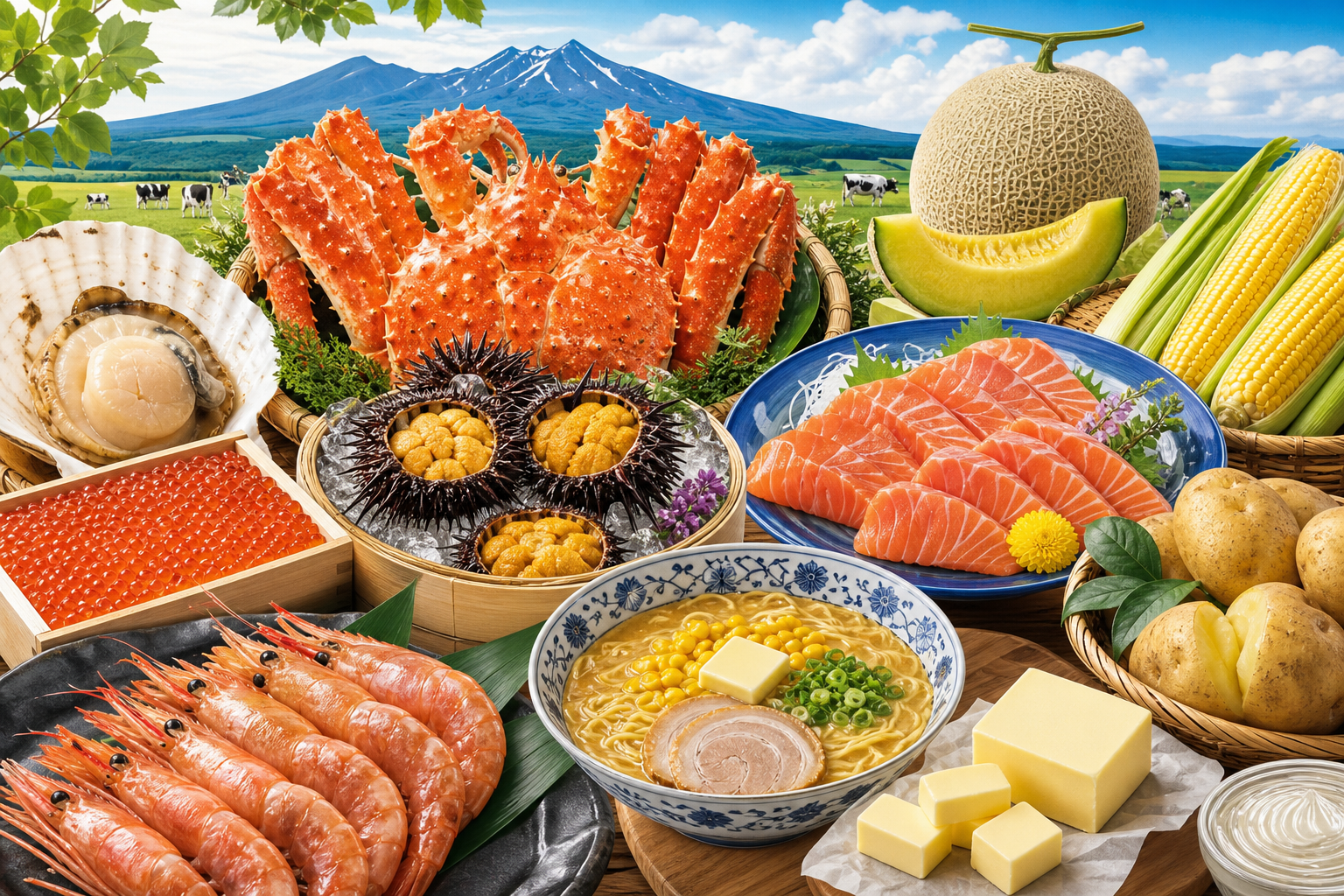A vibrant and diverse conceptual illustration of various Hokkaido food specialties. The image shows