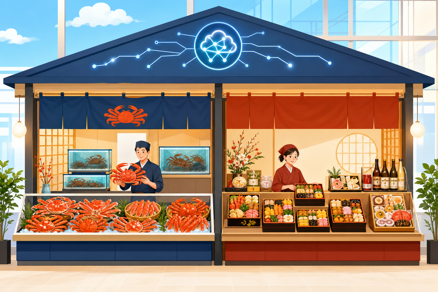 A conceptual illustration showing two specialized shop counters under one large roof labeled 'Skynet
