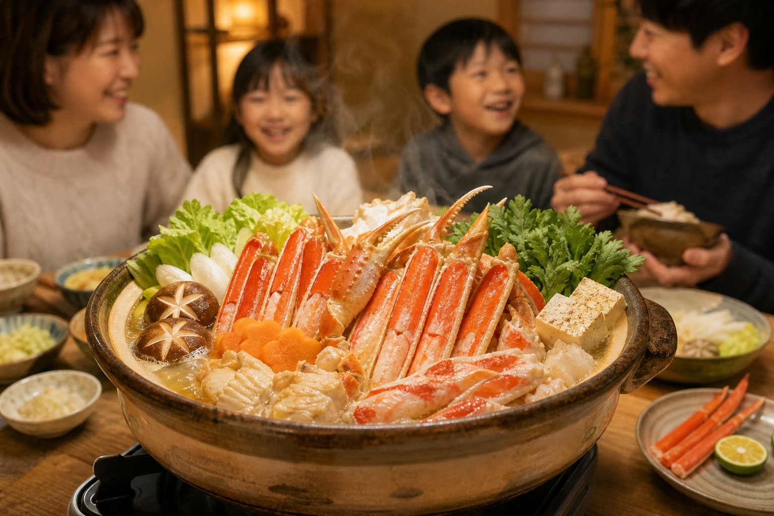 A steaming Japanese hot pot (donabe) filled with plenty of crab legs, seasonal vegetables, and tofu,