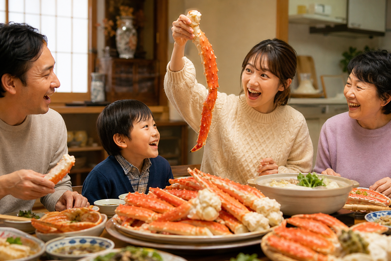A joyful Japanese family at a dining table, with a young woman holding up an impressively large, suc