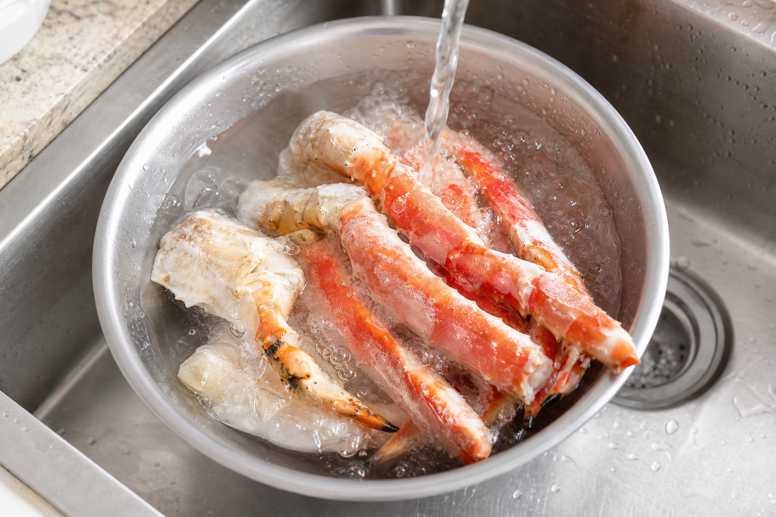 An instructional-style close-up photo of crab legs being defrosted under a gentle stream of running 