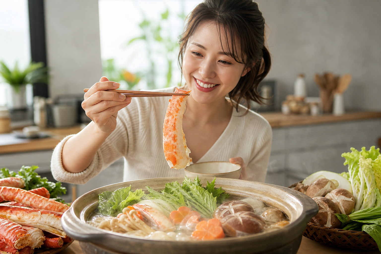 A bright lifestyle photograph of a person in a clean, modern kitchen preparing a crab hot pot. They