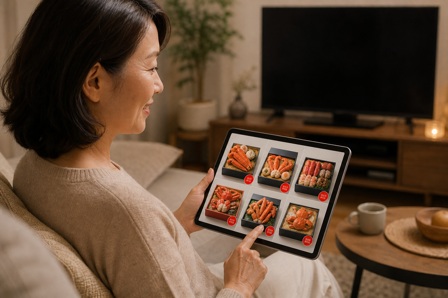 An illustration or high-quality photo representing the shift from TV to web shopping. A woman in her