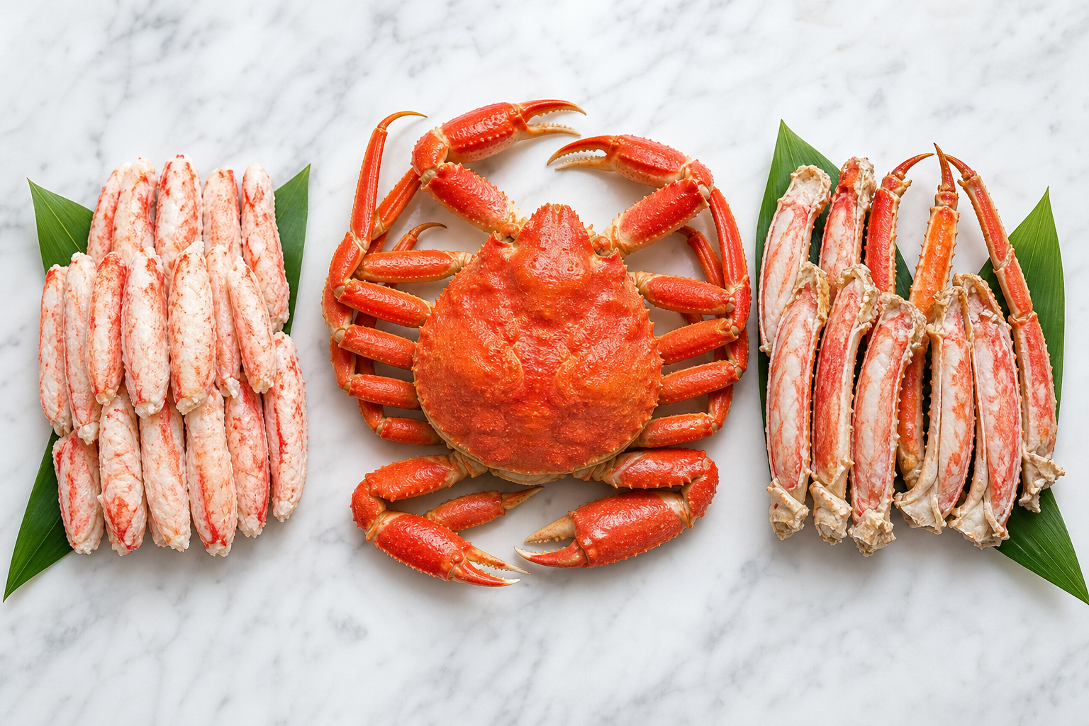 A conceptual and clean product comparison image. Three different styles of crab products are arrange
