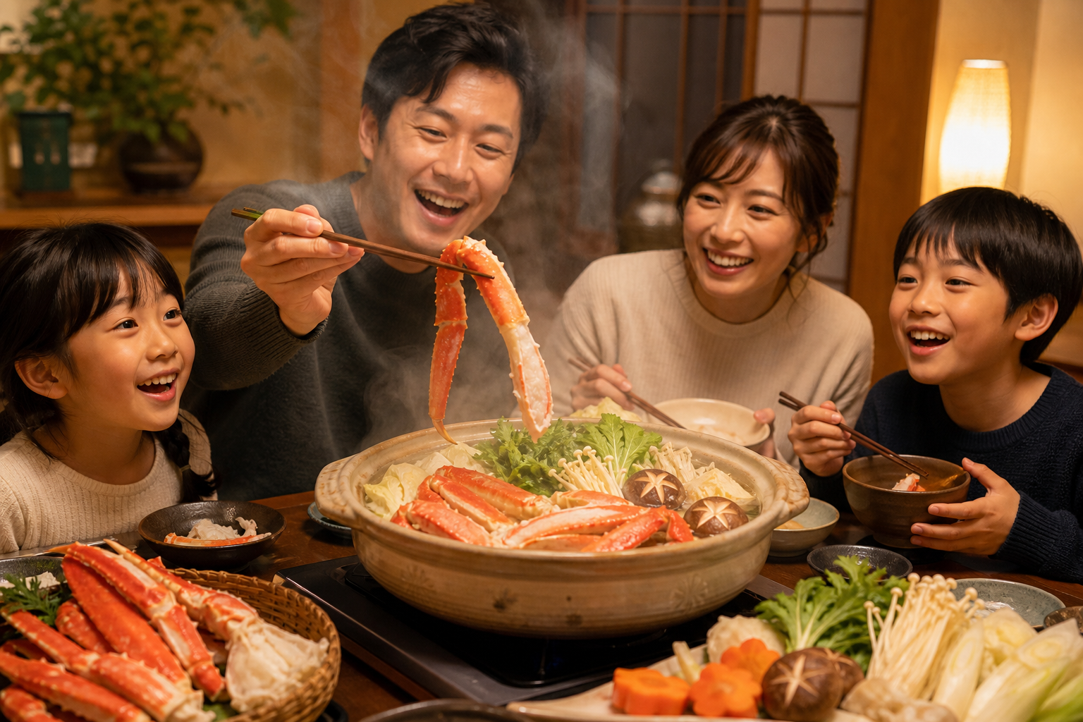A joyful scene of a family gathered around a dining table, enjoying a steaming crab hot pot (nabe). 