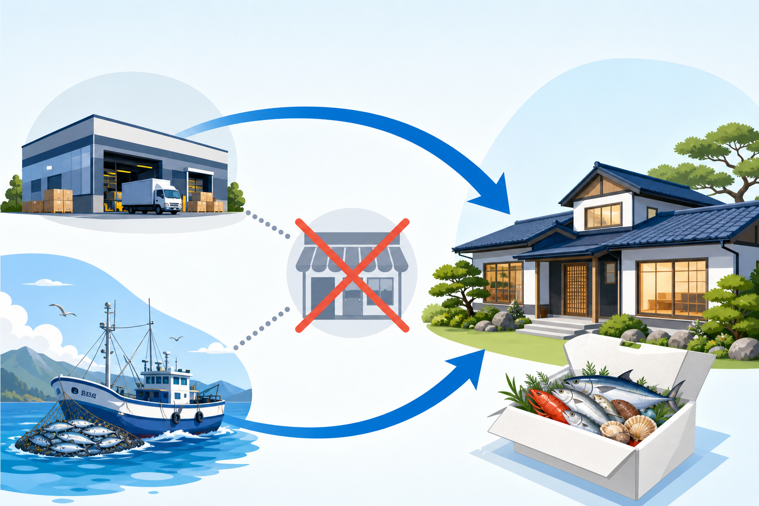 A conceptual vector illustration showing the efficiency of direct-to-consumer shipping. An arrow flo