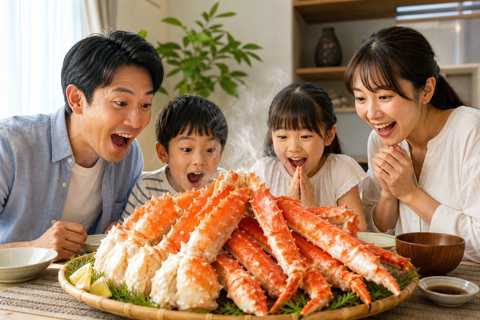 A bright and happy image of a Japanese family (father, mother, and two children) sitting at a dining
