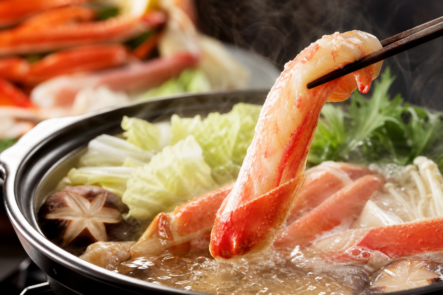 A close-up shot of a pair of chopsticks lifting a thick, juicy piece of snow crab meat from a bubbli