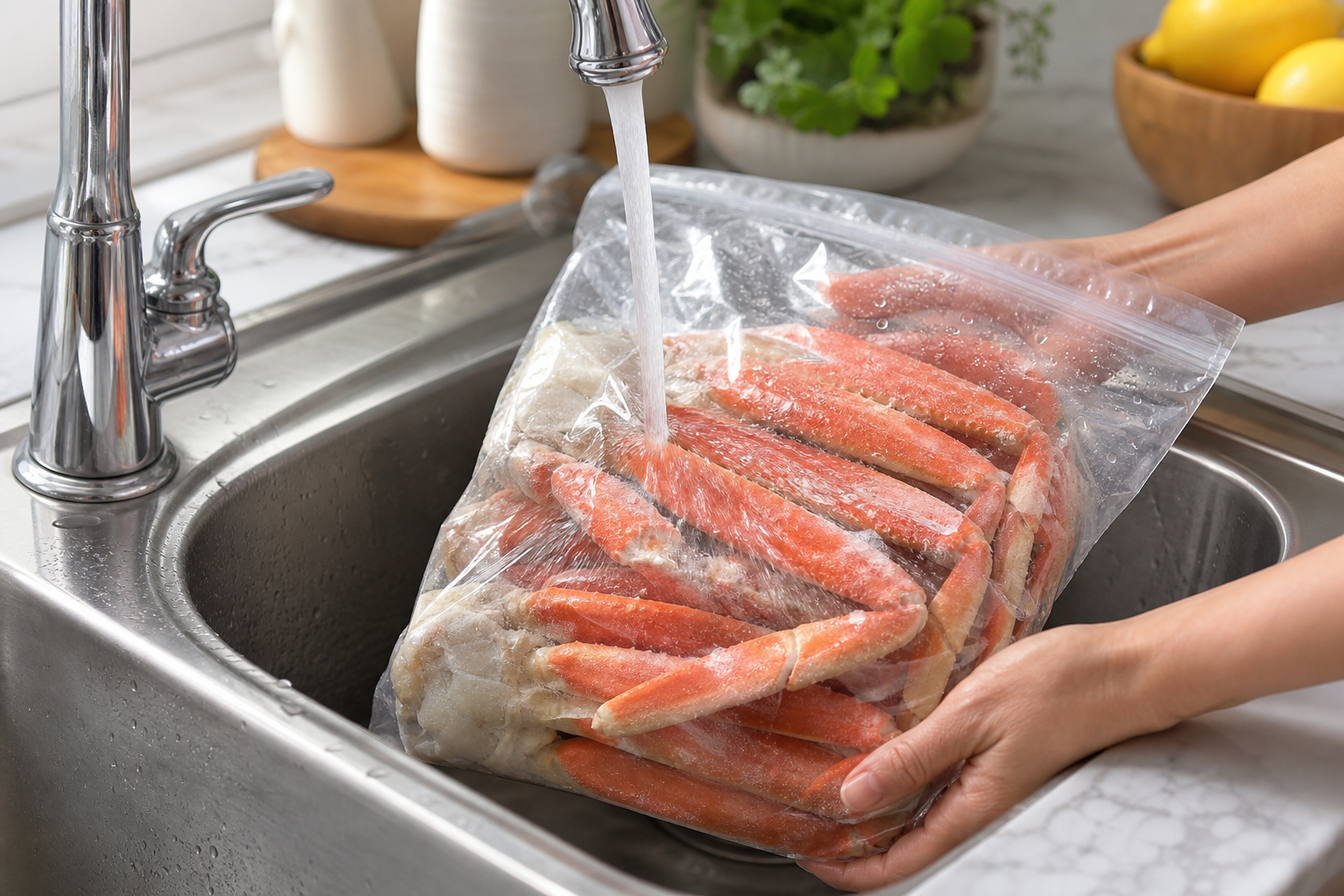 A practical illustration of the correct thawing process for frozen crab. A large pack of snow crab l