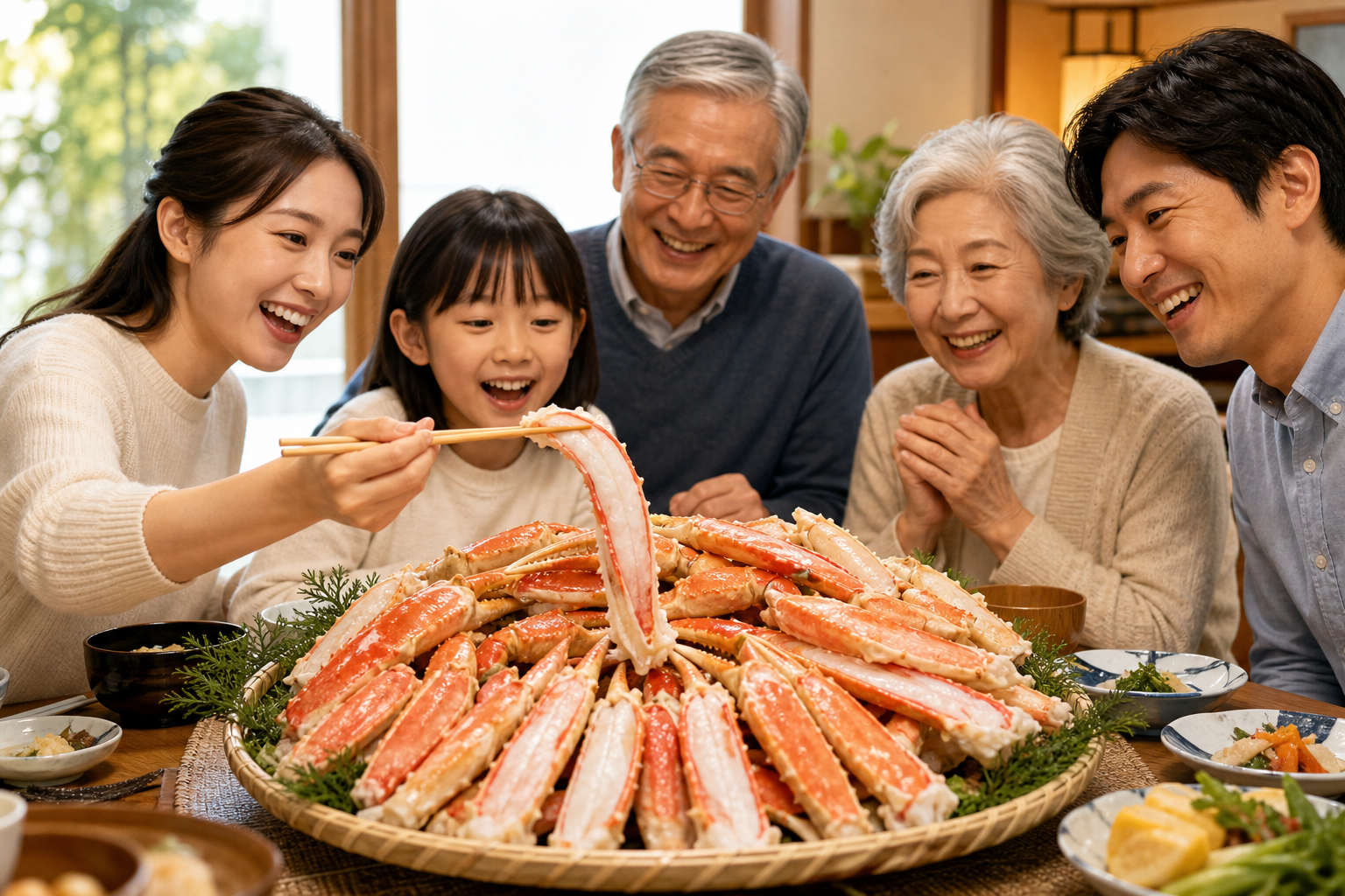 A cheerful family of three generations gathered around a dining table, looking delighted. In the cen