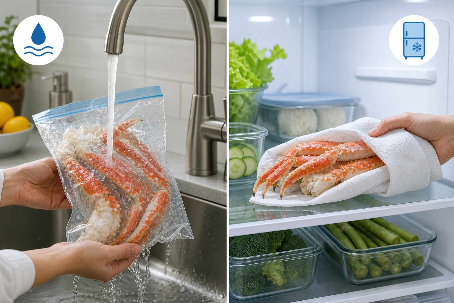 A clean, instructional-style split image showing two correct thawing methods. The left side shows ra