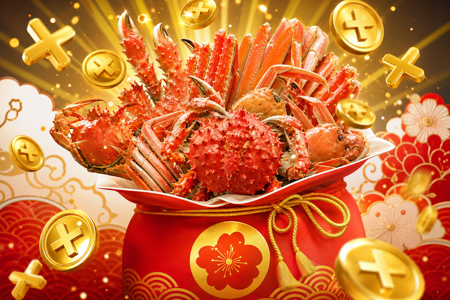 An exciting conceptual illustration of a Japanese lucky bag (Fukubukuro) opening to reveal an abunda