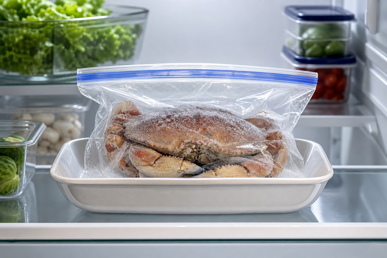 An instructional illustration showing a frozen crab being properly prepared for thawing. The crab is
