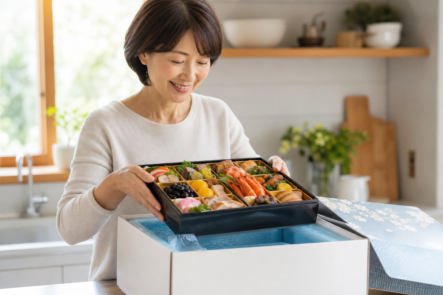 A woman in her 40s smiling happily in a bright kitchen as she lifts a beautifully arranged Osechi bo