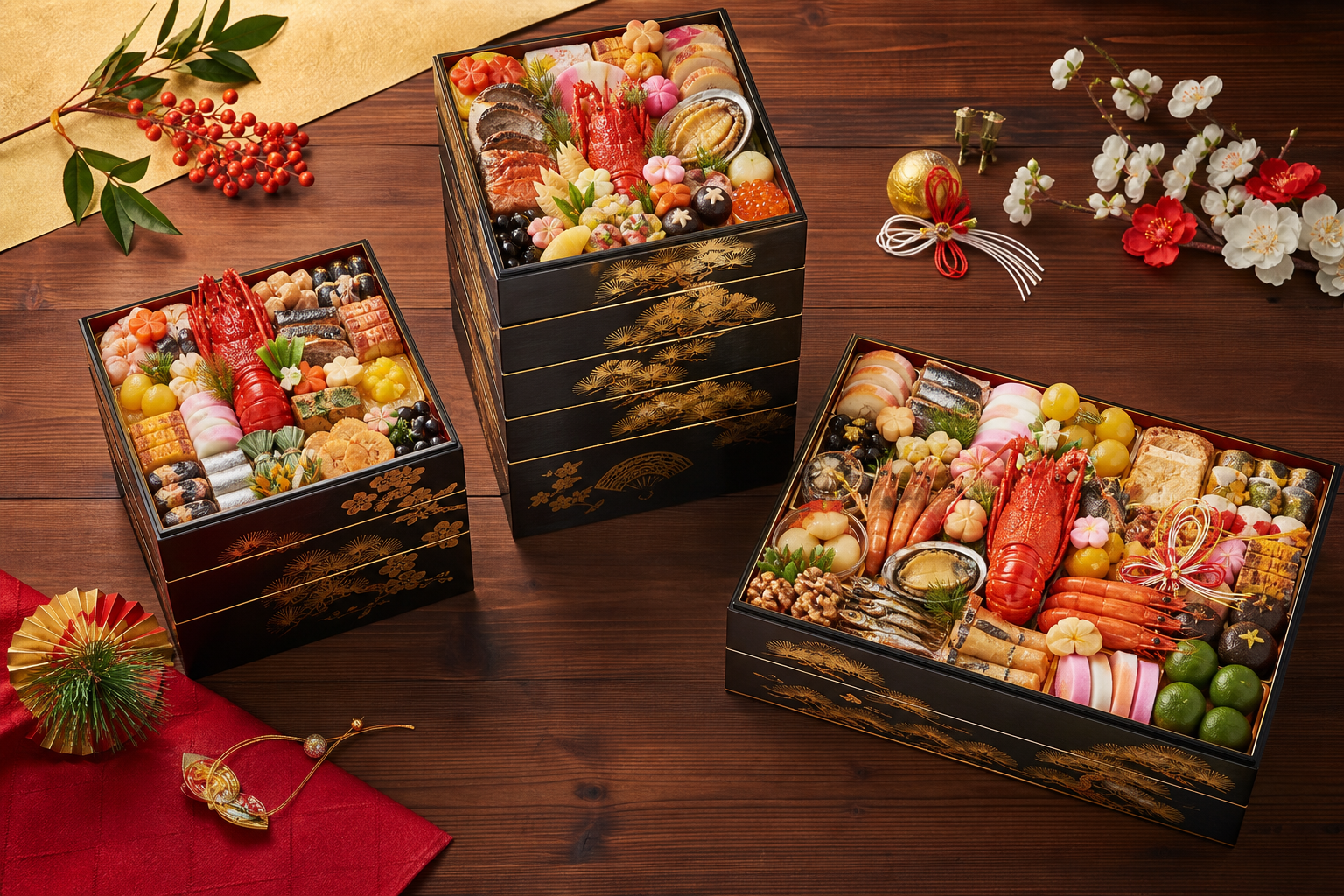 A high-angle comparison shot of three different styles of luxurious Osechi boxes placed on a traditi