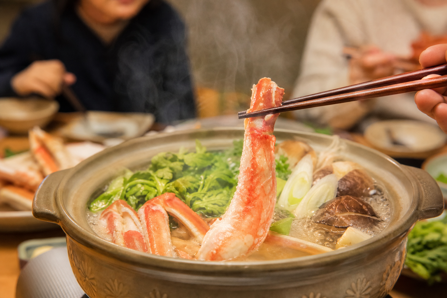 湯気がふんわりと立ち上る和風の土鍋を囲んだ食卓の風景。箸で持ち上げられた大ぶりの生ずわい蟹のむき身が、鍋の出汁にくぐらされている瞬間のクローズアップ。カニの身のぷりぷりとした質感と、家族で囲む温かい夕