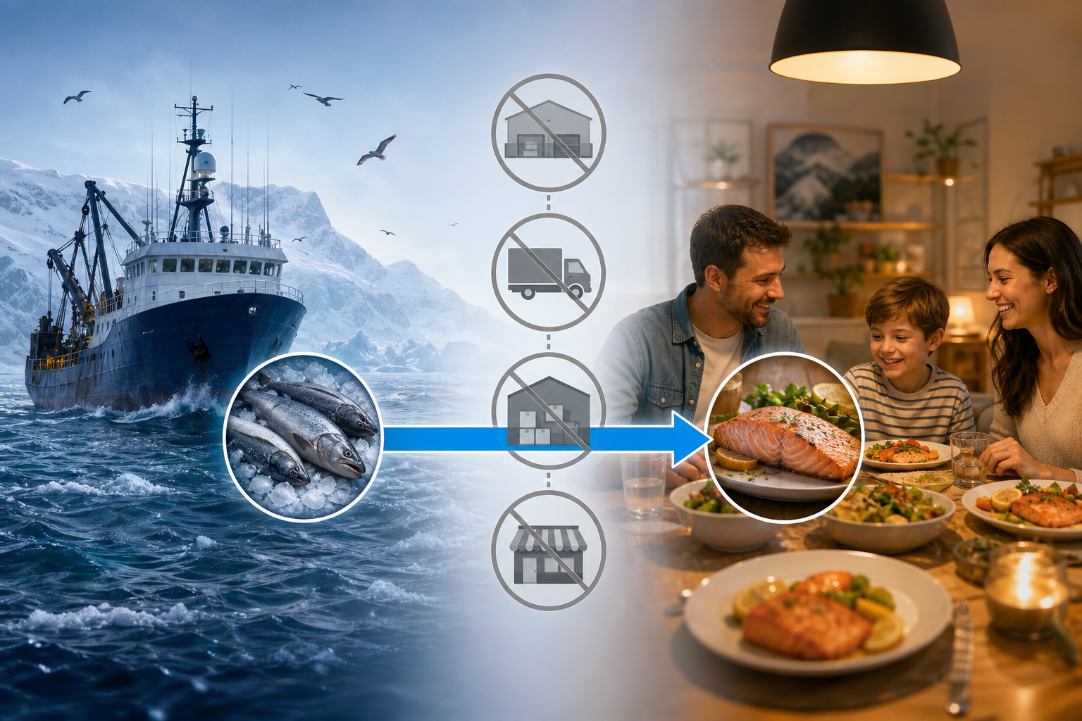A conceptual infographic-style illustration showing the direct-to-consumer delivery process. On the