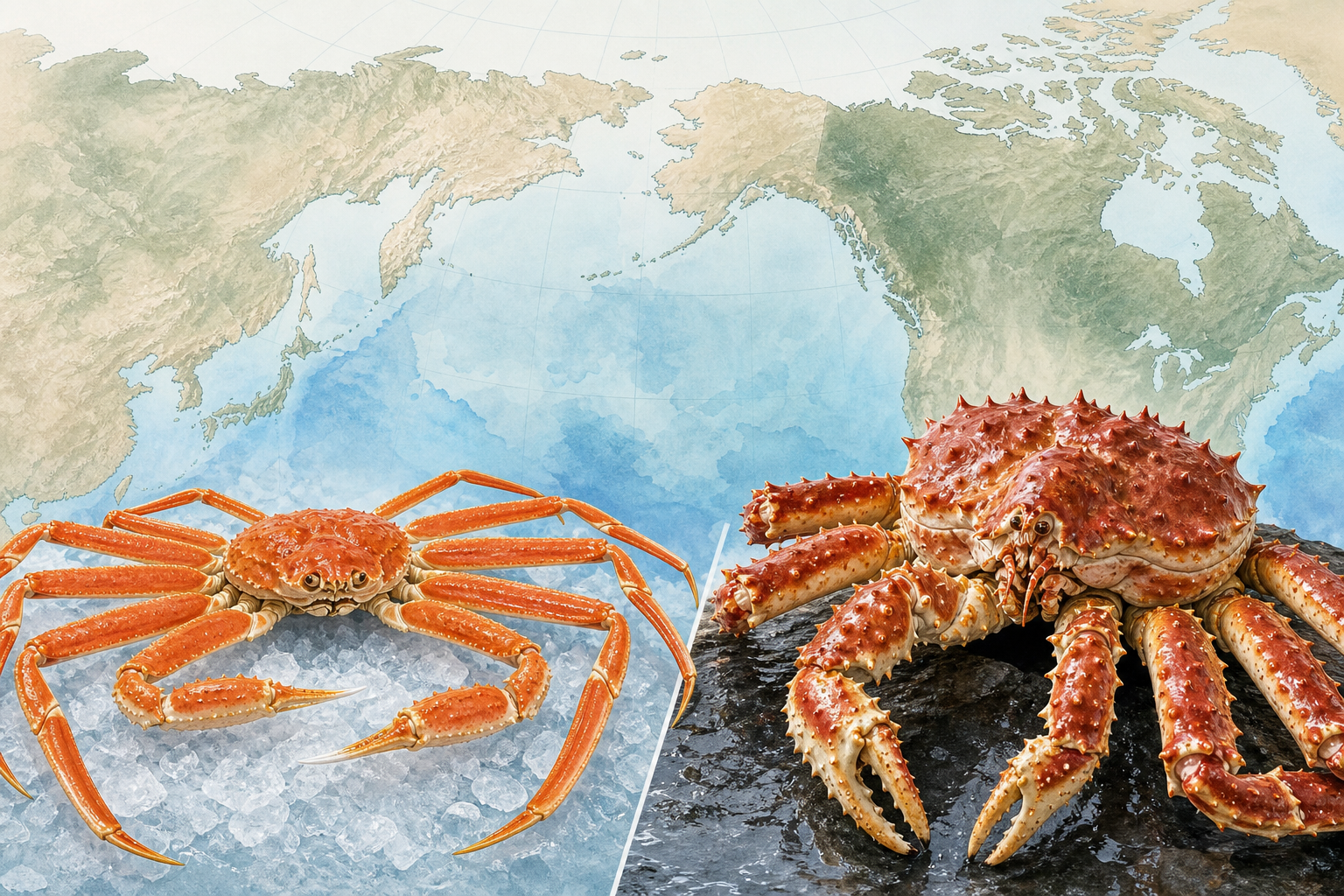 An educational illustration comparing Snow Crab and King Crab. On one side, the slender and elegant 