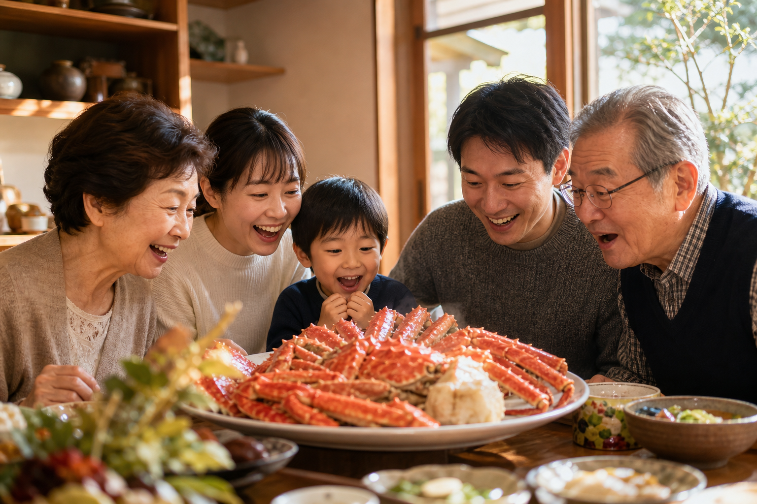 A joyful scene of a Japanese family of three generations—grandparents, parents, and a child—sitting 