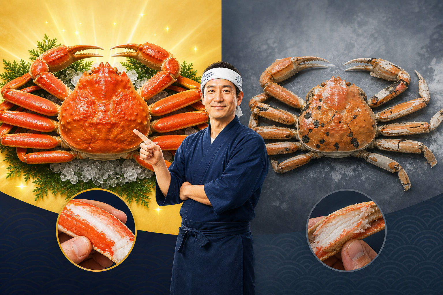 An informative infographic-style illustration contrasting a 'perfect, flawless crab' with a 'damaged