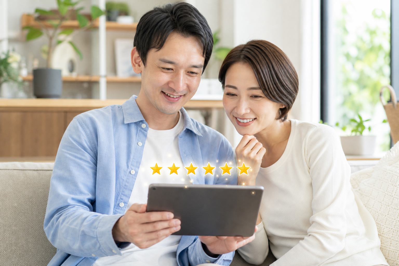 タブレット端末で通販サイトの評価を確認し、満足そうに微笑む30代〜40代の男女のイメージ。画面には5つ星の評価アイコンが象徴的に描かれており、ユーザーが安心して購入を検討しているポジティブな雰囲気のラ