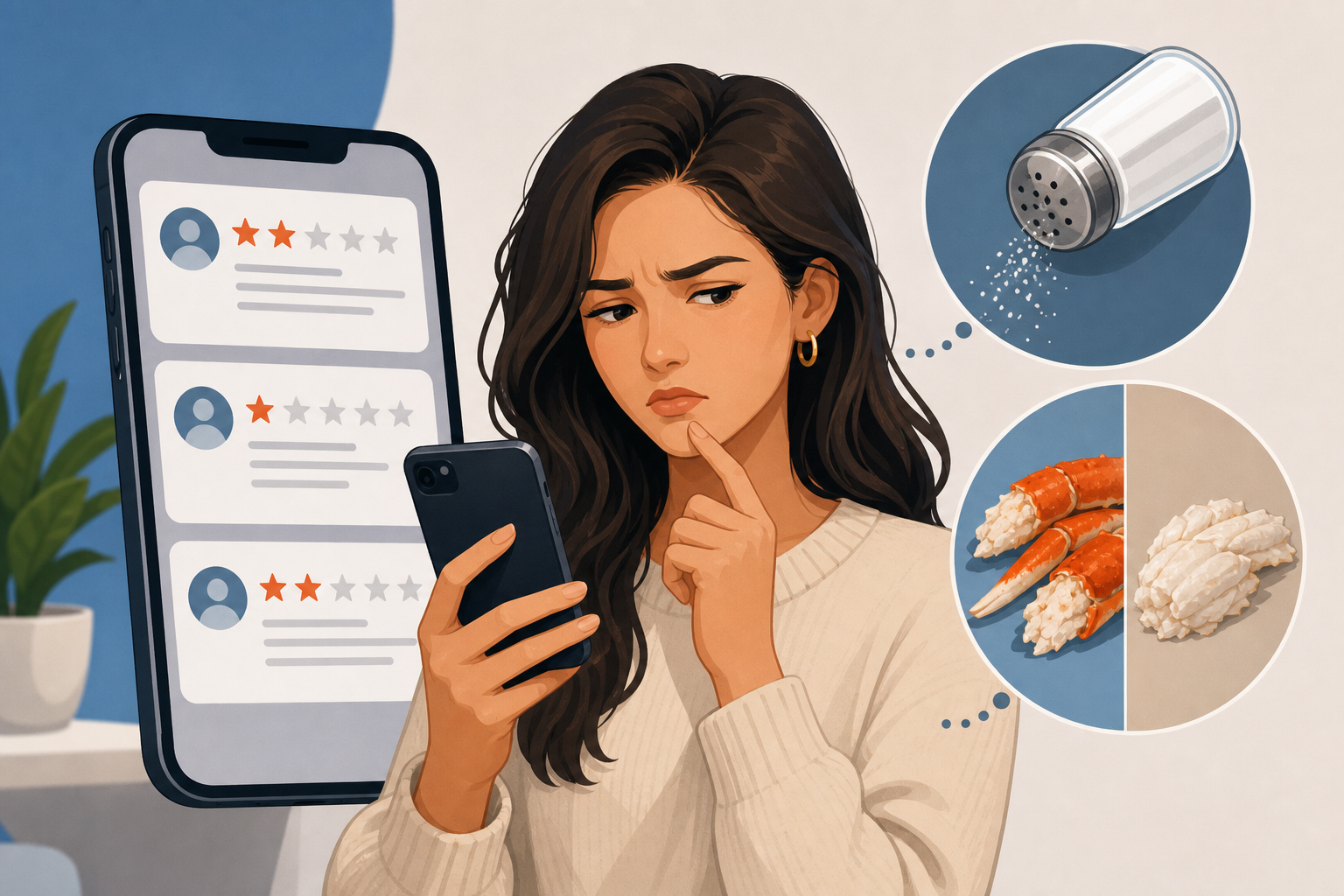 An illustration of a person looking slightly confused while looking at a smartphone screen displayin