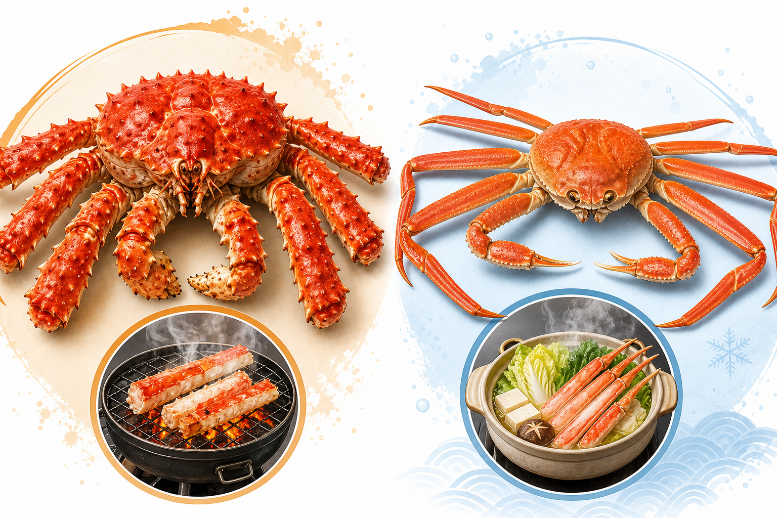 A side-by-side comparative illustration of a Red King Crab (Taraba) and a Snow Crab (Zuwai). The Kin