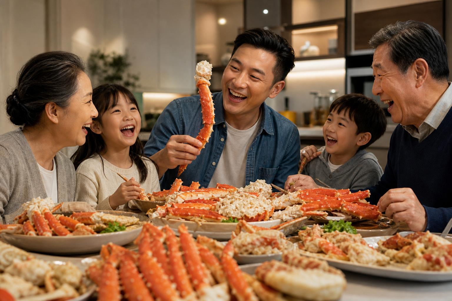 A joyful scene of a family sitting around a dinner table, looking happy and excited as they enjoy a 
