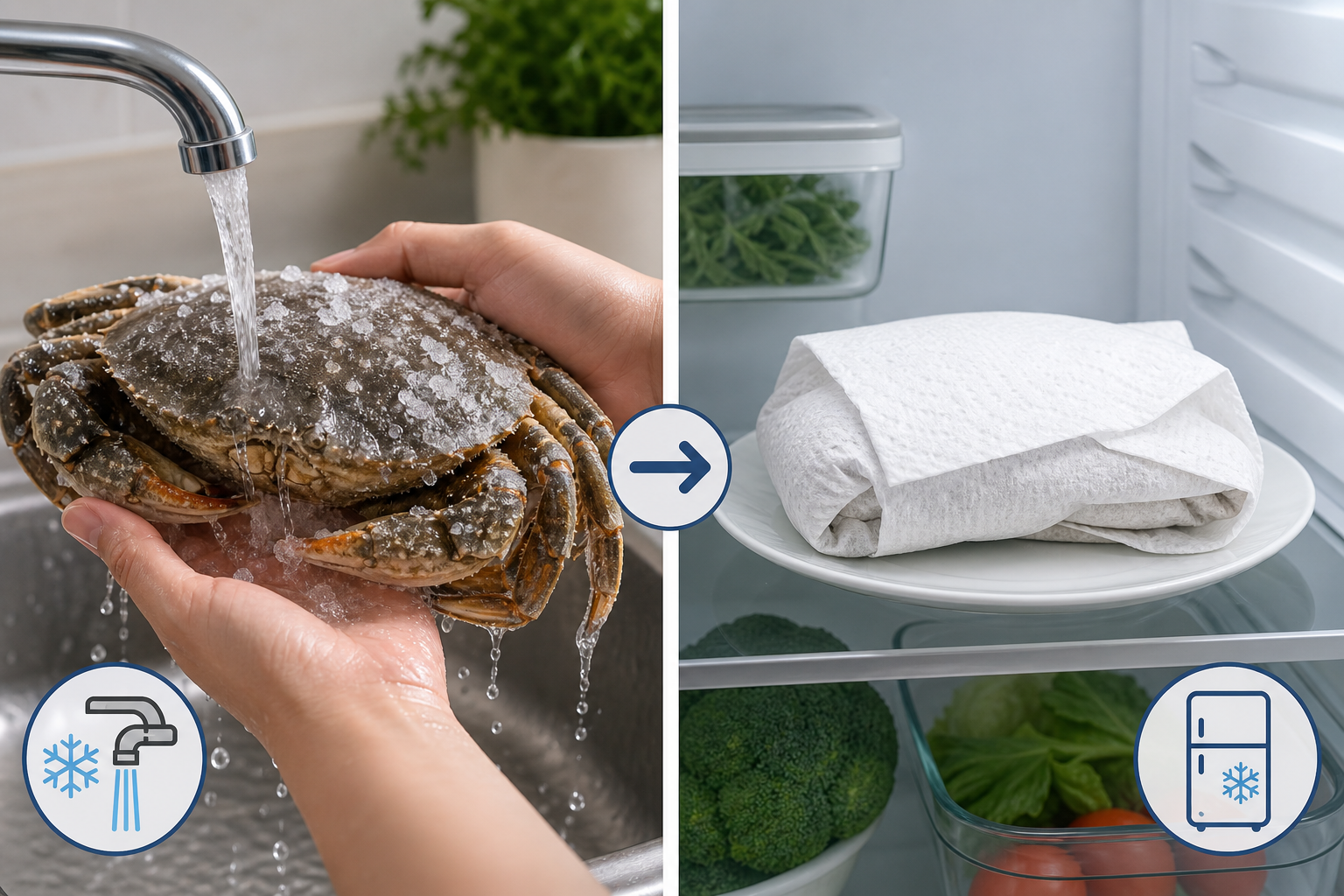 An informative illustration explaining the correct thawing process for frozen crab. It shows two spl