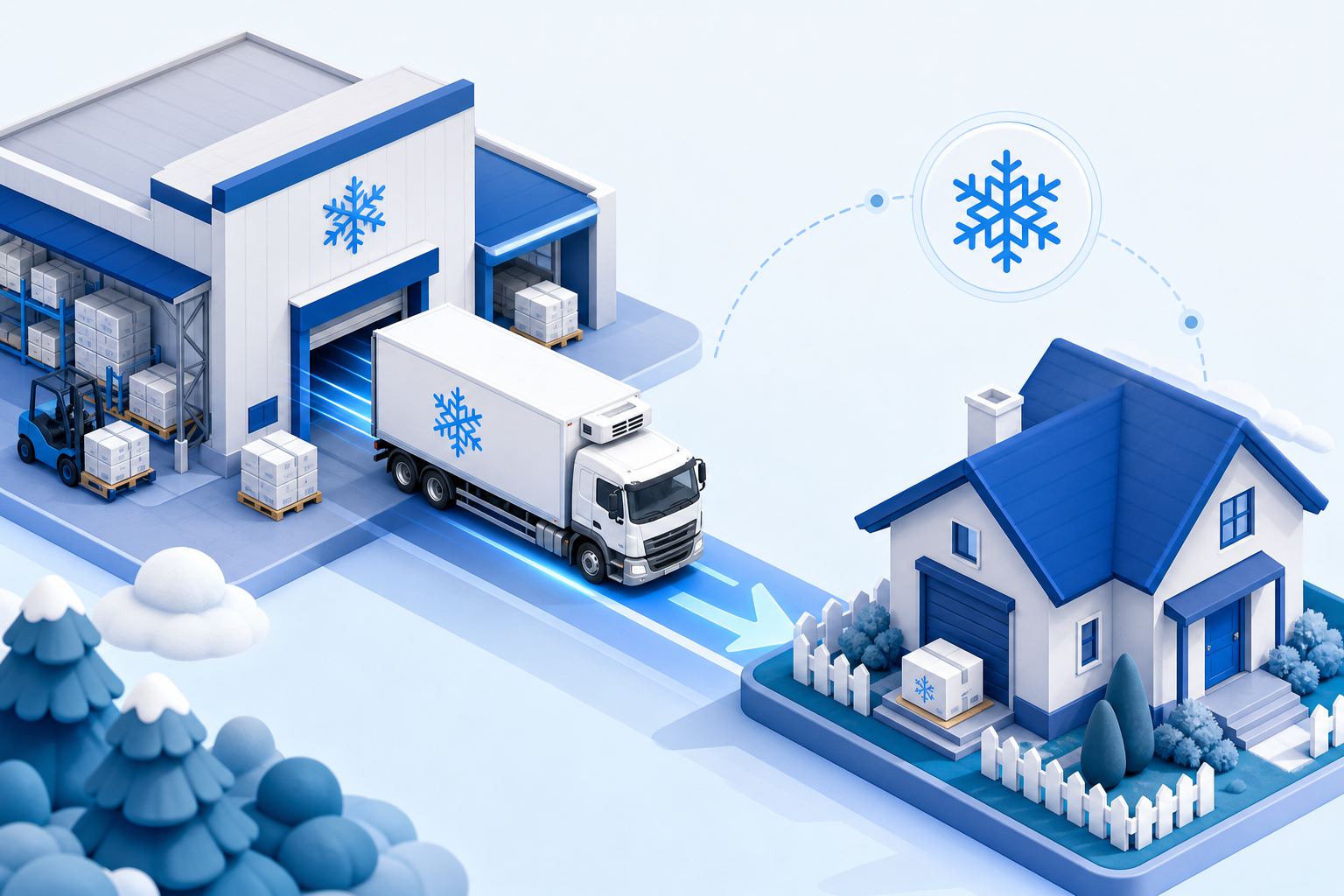 An isometric conceptual illustration of a seamless logistics process for frozen food. A professional