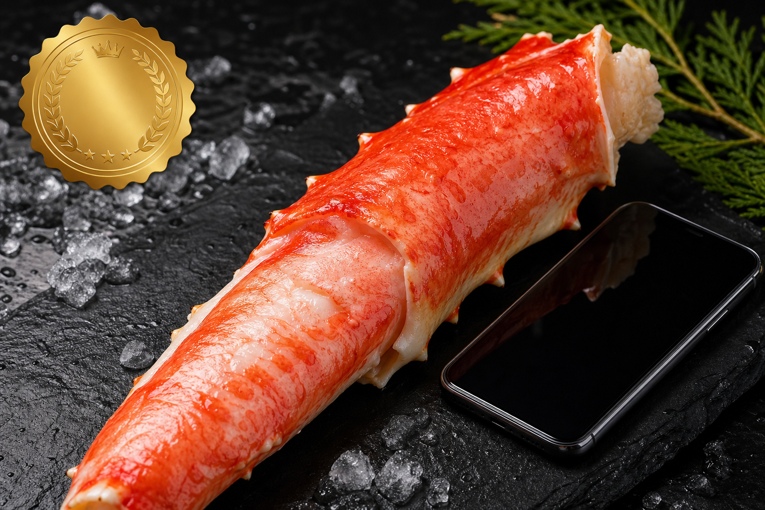 A high-definition close-up photo comparing the massive size of a 10L snow crab leg (approx. 17cm) ag