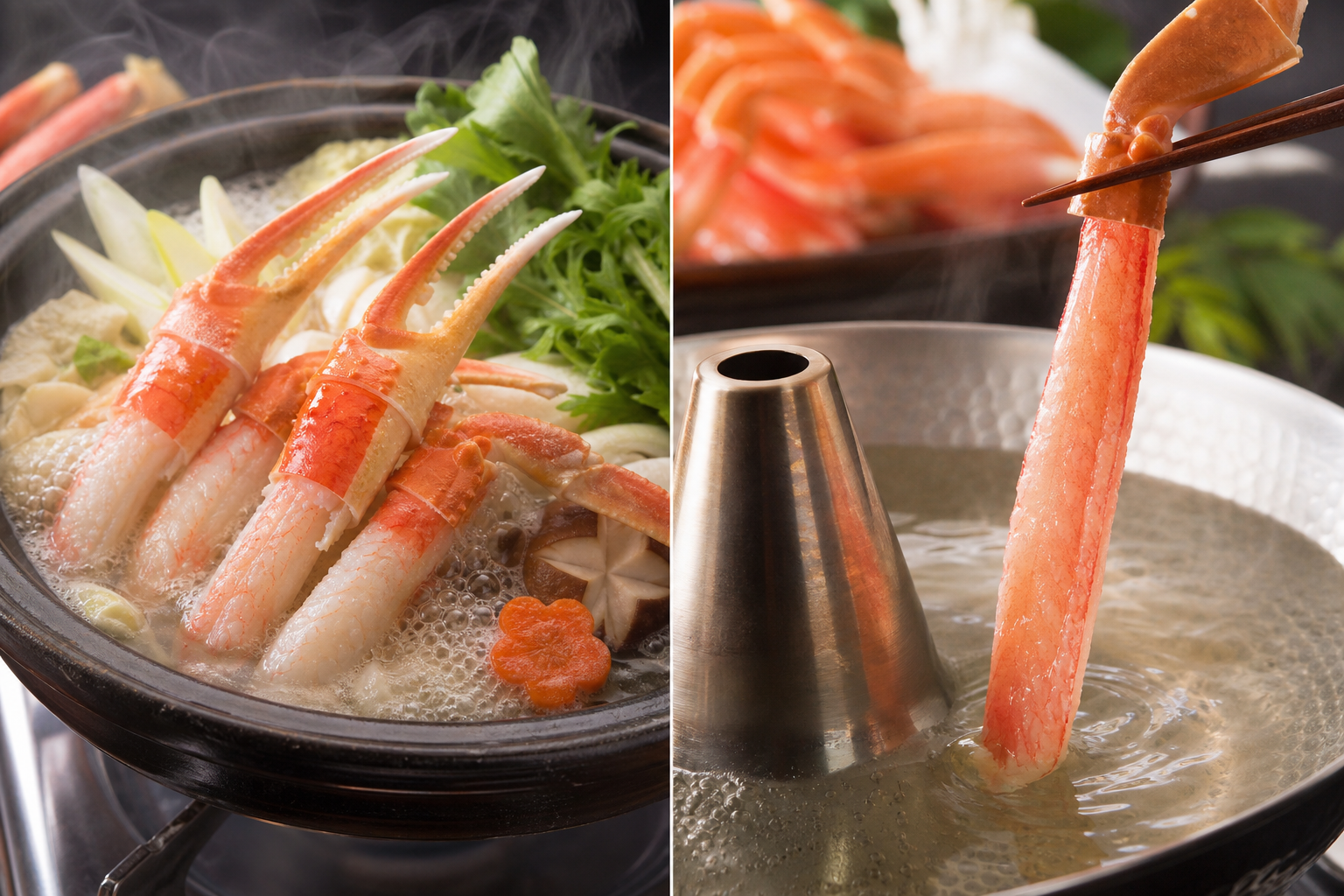 A split-screen visual comparison. The left side shows 'Half-peeled' snow crab legs (with shells rema