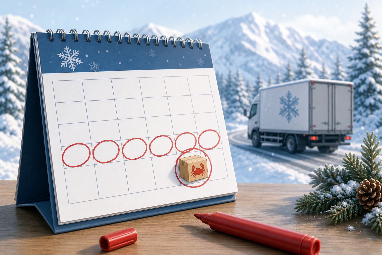 An illustrative conceptual image of a December calendar. Specific dates in late December are circled
