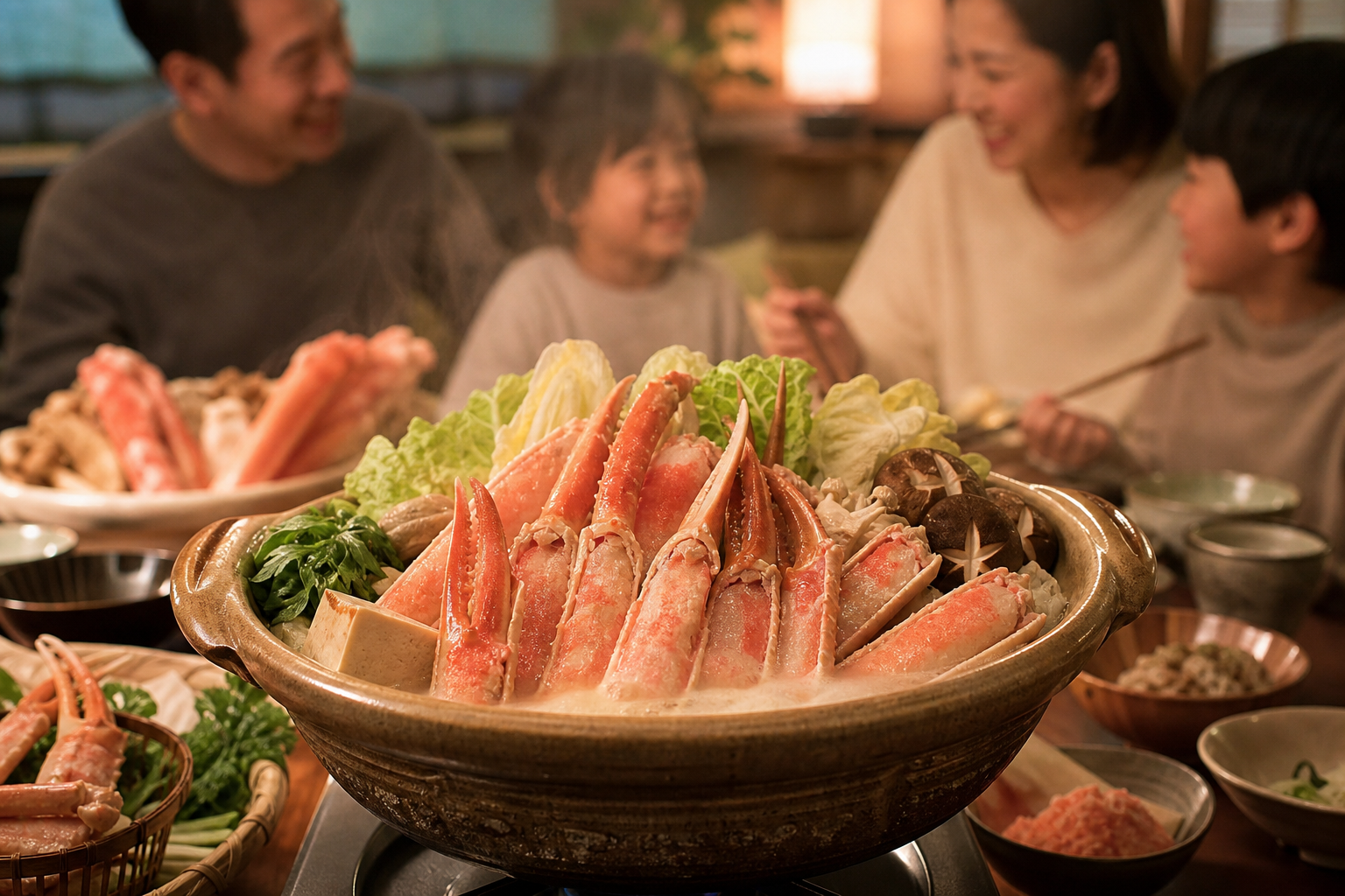 A steaming, delicious Japanese crab hot pot (Kani-nabe) in a traditional clay pot (Donabe) placed in