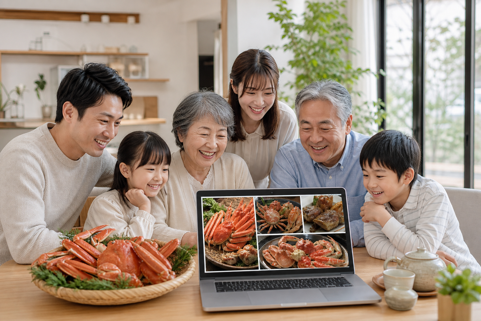 A bright and inviting lifestyle image of a group of family members at home, happily looking at a com