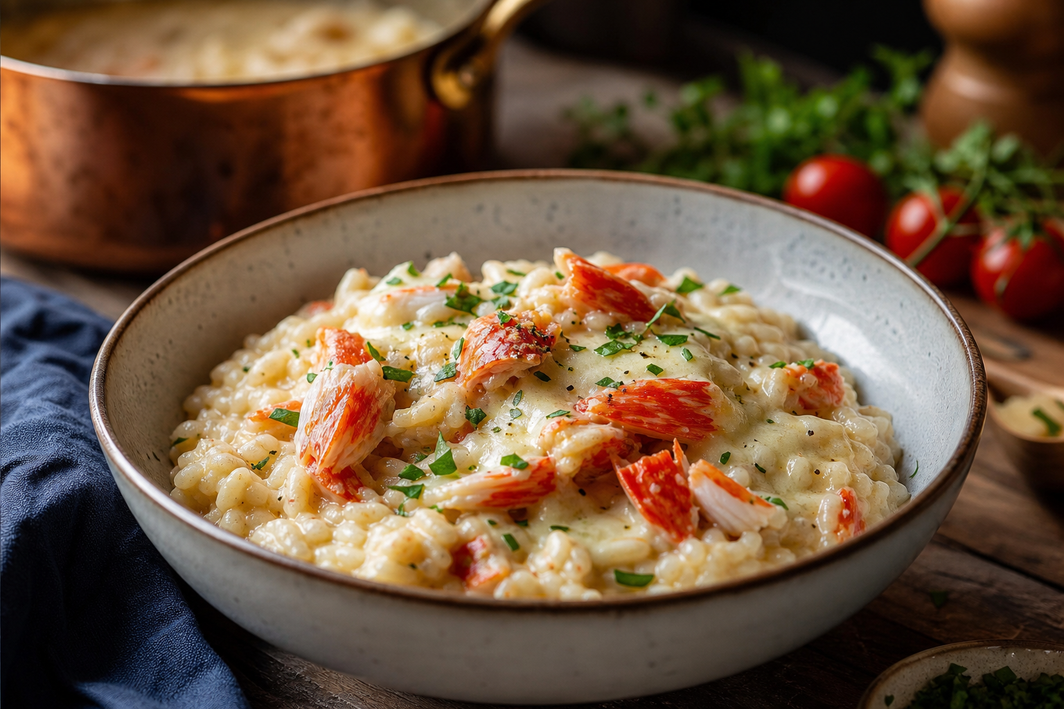 An appetizing close-up of a gourmet crab risotto served in a stylish ceramic bowl. Large pieces of s