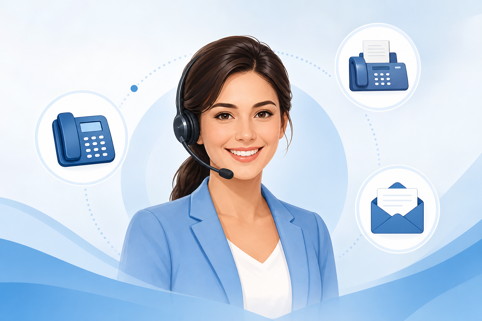 A clean and professional illustration of a friendly customer service representative wearing a headse