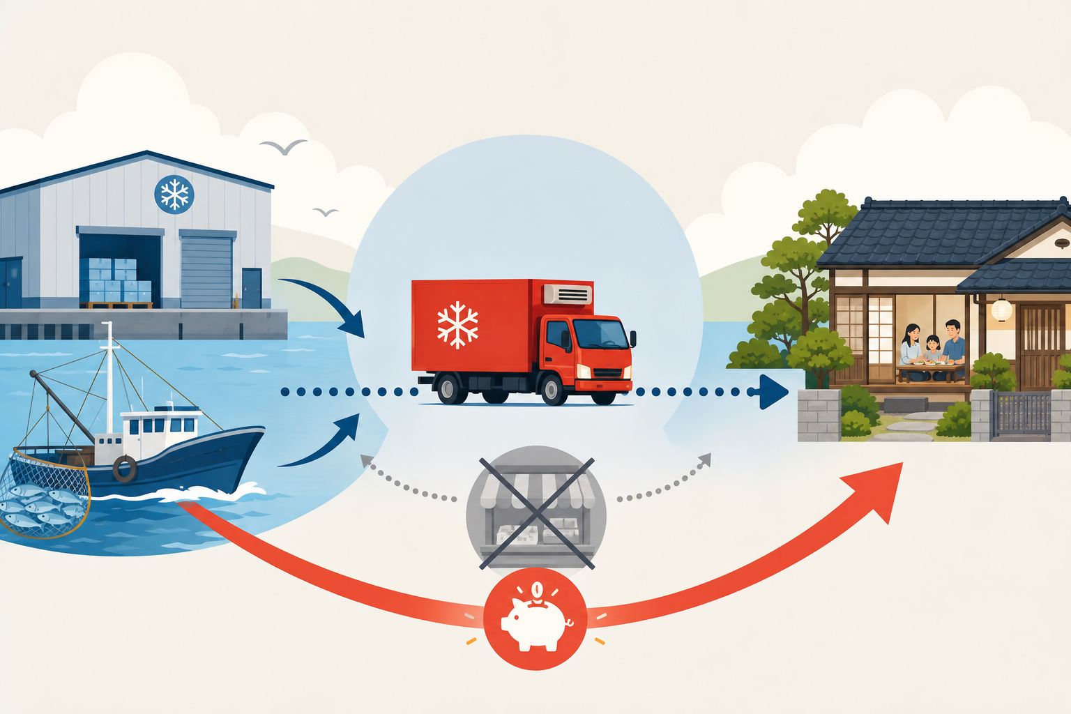 A conceptual flat design illustration showing the direct delivery process. On the left, a large refr