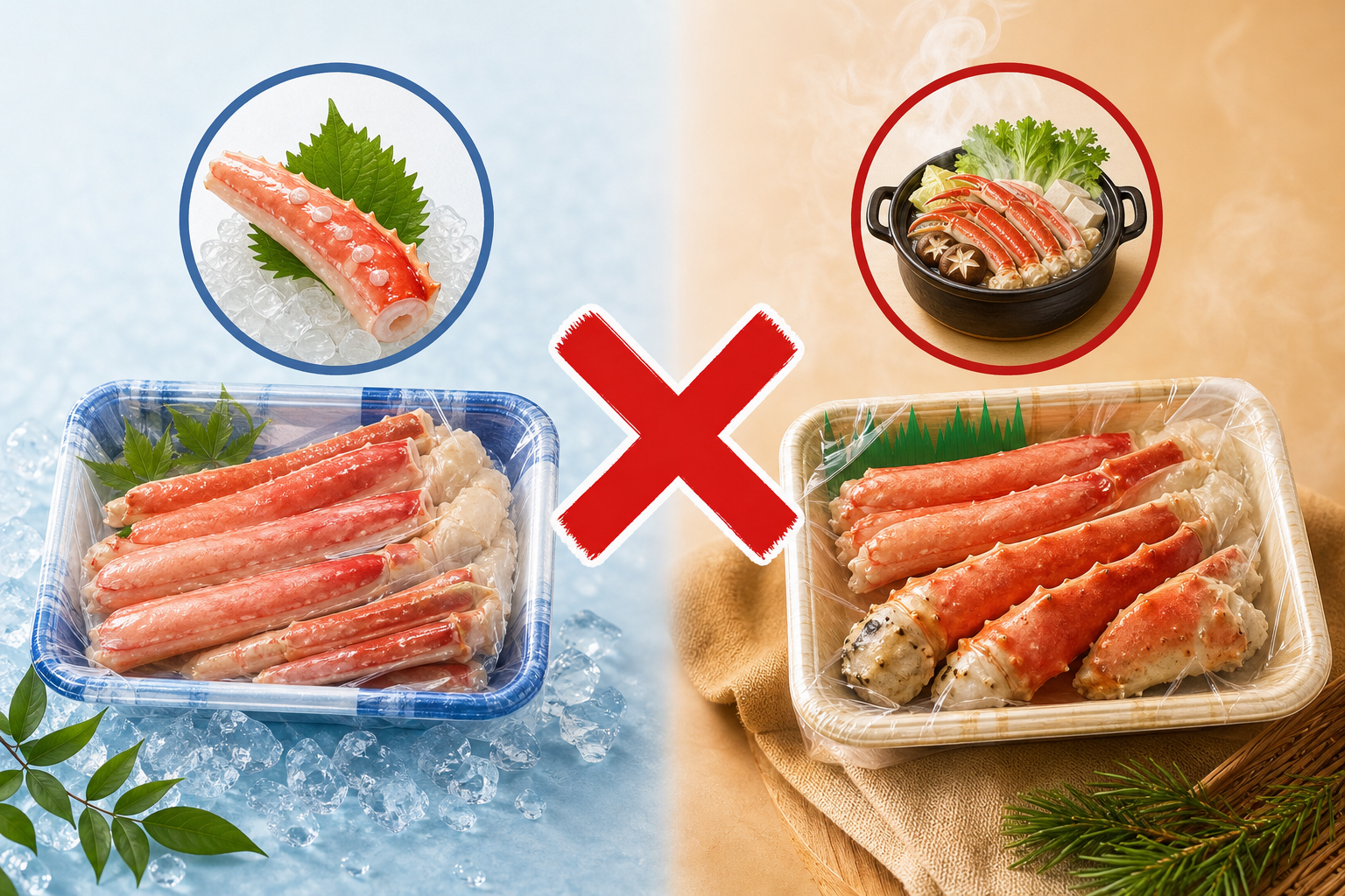 A conceptual comparison illustration. On one side, a package labeled 'For Sashimi' (刺身用) with an ico