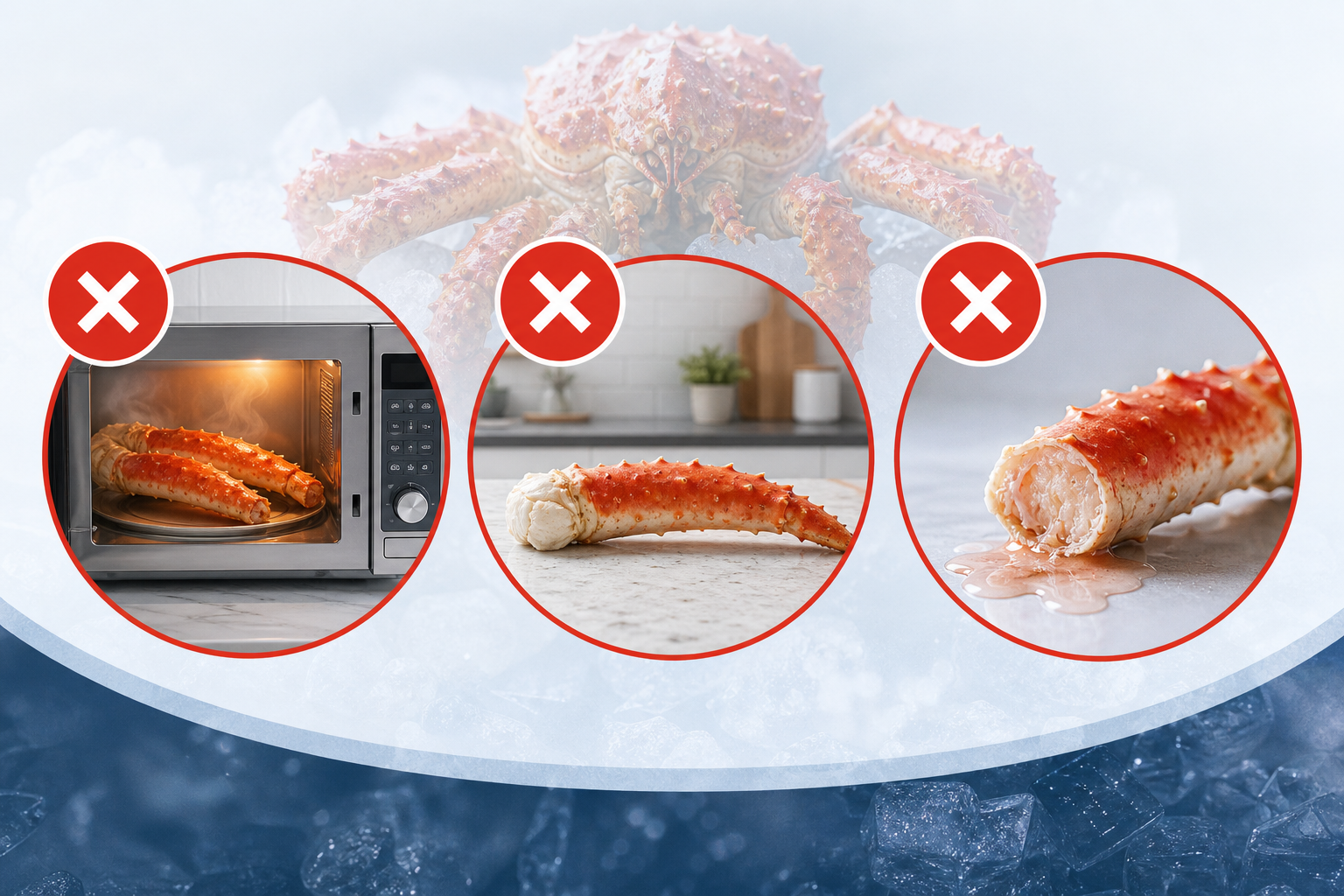 An informative infographic-style illustration depicting 'Three Prohibited Defrosting Methods' for cr