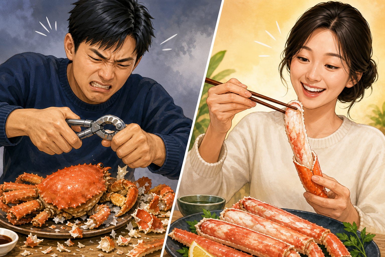 A split-screen style illustration comparing the struggle of cracking a whole crab versus the ease of