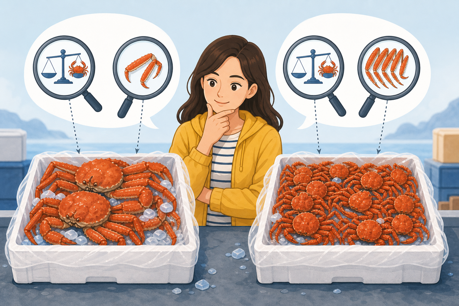An informative illustration of a smart shopper comparing two crab boxes. Above the boxes, speech bub